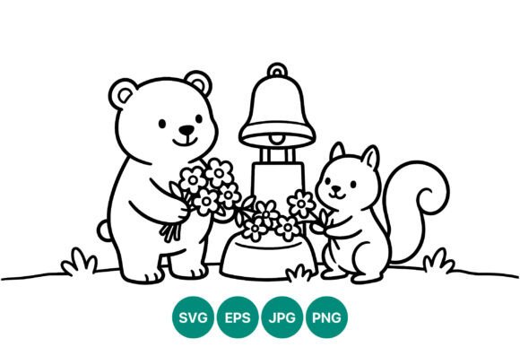 Bear and Squirrel with Flowers Line Art Graphics