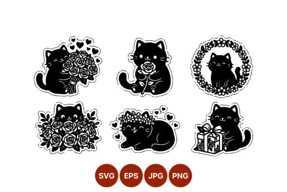 Black Cats with Roses and Gift Vector Graphics