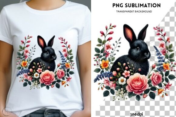 Black Rabbit with Flowers Graphics for Creative Projects