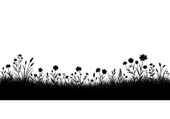 Black Silhouette of Flowers and Grass Graphics