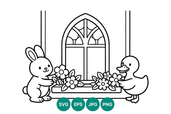 Bunny and Duck with Flowers Line Art Graphics