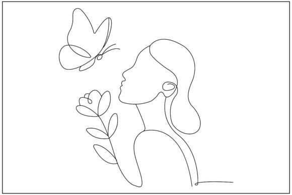 Butterfly Woman Flowers Line Art Graphics