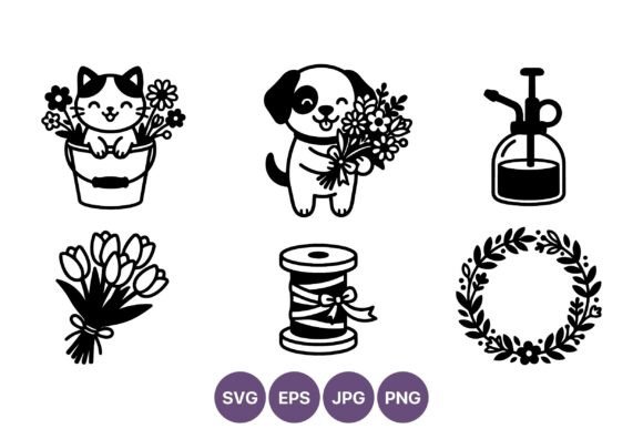 Cat Dog Flowers Gardening Line Art Graphics