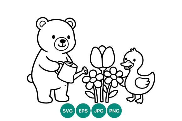 Cute Bear and Duck Watering Flowers Graphics