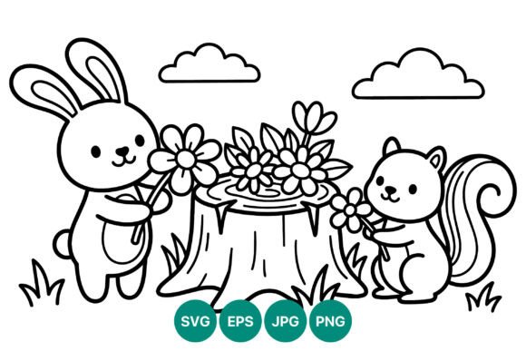 Cute Bunny and Squirrel Line Art Flowers Graphics