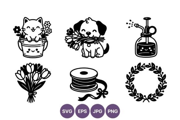 Cute Cat Puppy Flowers Vector Graphics
