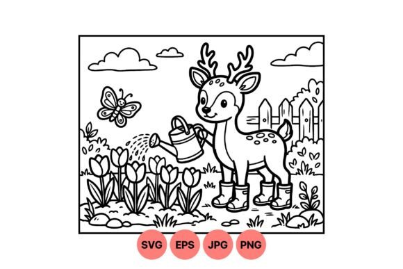 Cute Deer Watering Flowers Graphics