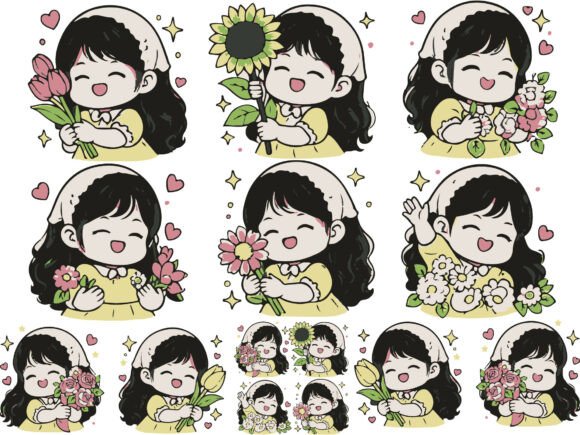 Cute Girl Holding Flowers PNG Bundle for Graphics and Freebies