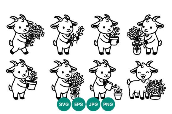 Cute Goat with Flowers Vector Line Art