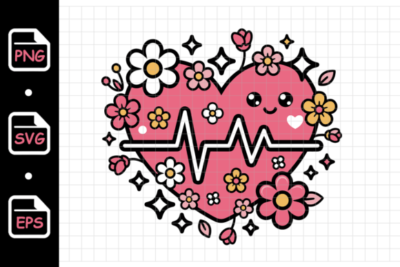 Cute Heartbeat Heart with Flowers Graphics