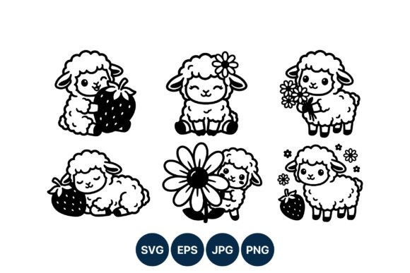 Cute Lambs with Strawberries and Flowers Graphics
