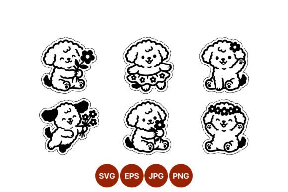 Cute Puppies Holding Flowers Black White Graphics