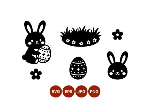 Easter Bunny with Egg and Flowers Vector Graphics