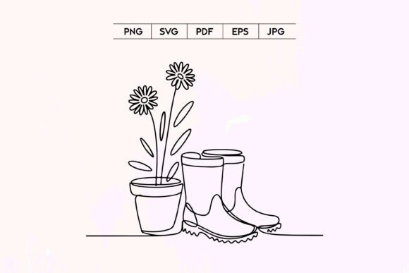 Garden Boots and Flowers Line Art Graphics