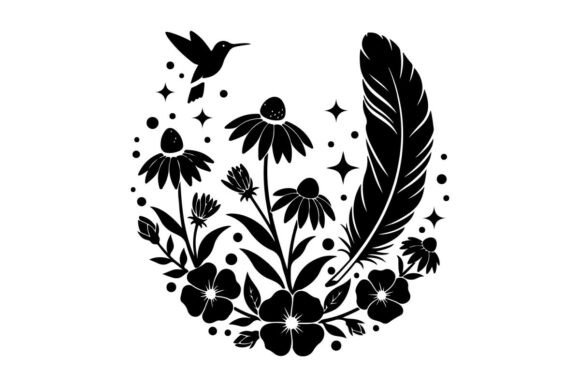 Hummingbird Flowers and Fe Silhouette