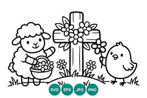 Lamb and Chick with Flowers Around Cross Graphics