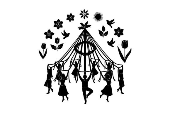 Maypole Dance with People, Flowers, Sun