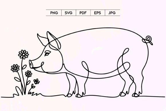 Pig with Flowers Line Art Graphics