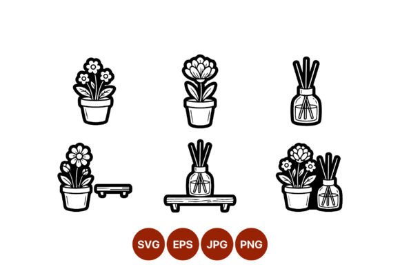 Potted Flowers and Reed Diffuser Line Illustrations