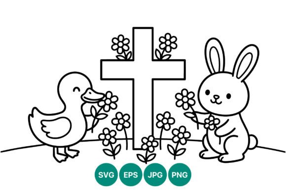 Rabbit and Duck with Flowers Near Cross Graphics