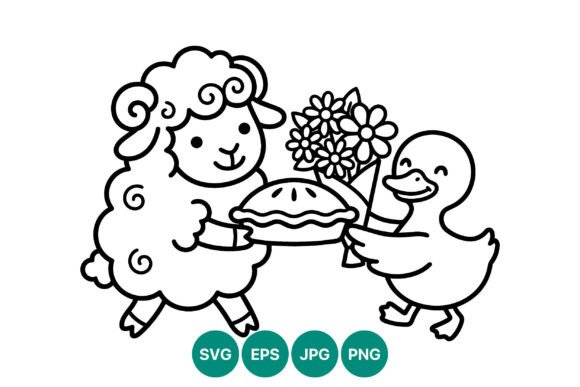 Sheep and Duck Holding Pie and Flowers Graphics