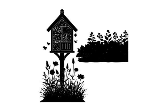 Silhouette of a Birdhouse with Flowers