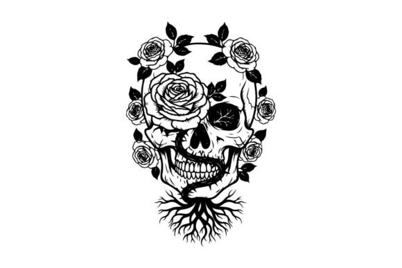 Silhouette of a Skull with Roses and Roo Graphics