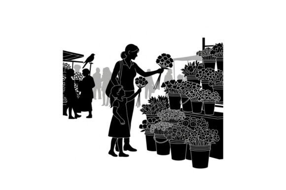 Silhouette of Woman Shopping for Flowers Graphics
