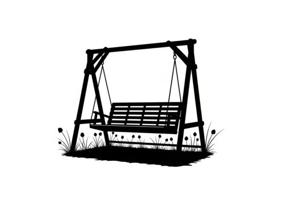Silhouette Wooden Swing Set with Flowers Graphics