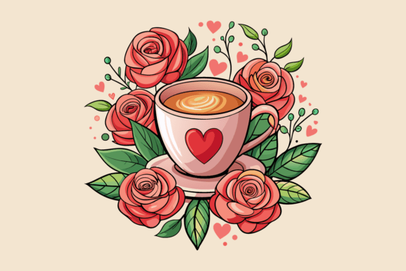 Valentine Coffee Cup Surrounded by Roses Graphics