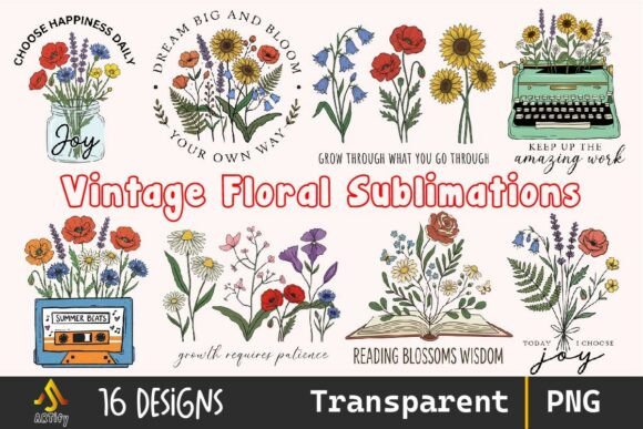 Vintage Flowers Sublimation Bundle PNG for Graphics and Illustrations